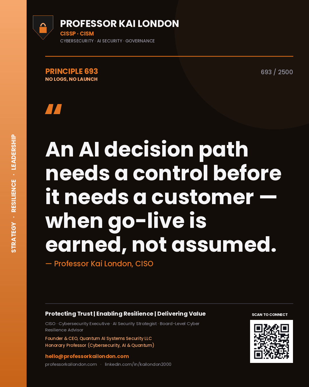 Quote card by Professor Kai London reading 'An AI decision path needs a control before it needs a customer — when go-live is earned, not assumed.'. From the book No Logs, No Launch.