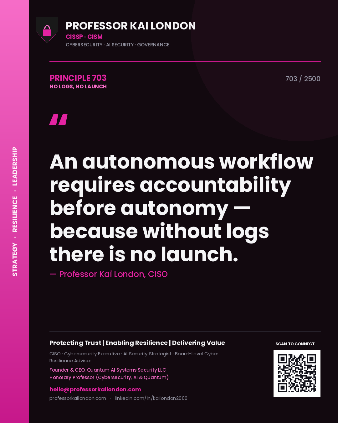 Professor Kai London principle 703: An autonomous workflow requires accountability before autonomy — because without logs there is no launch.