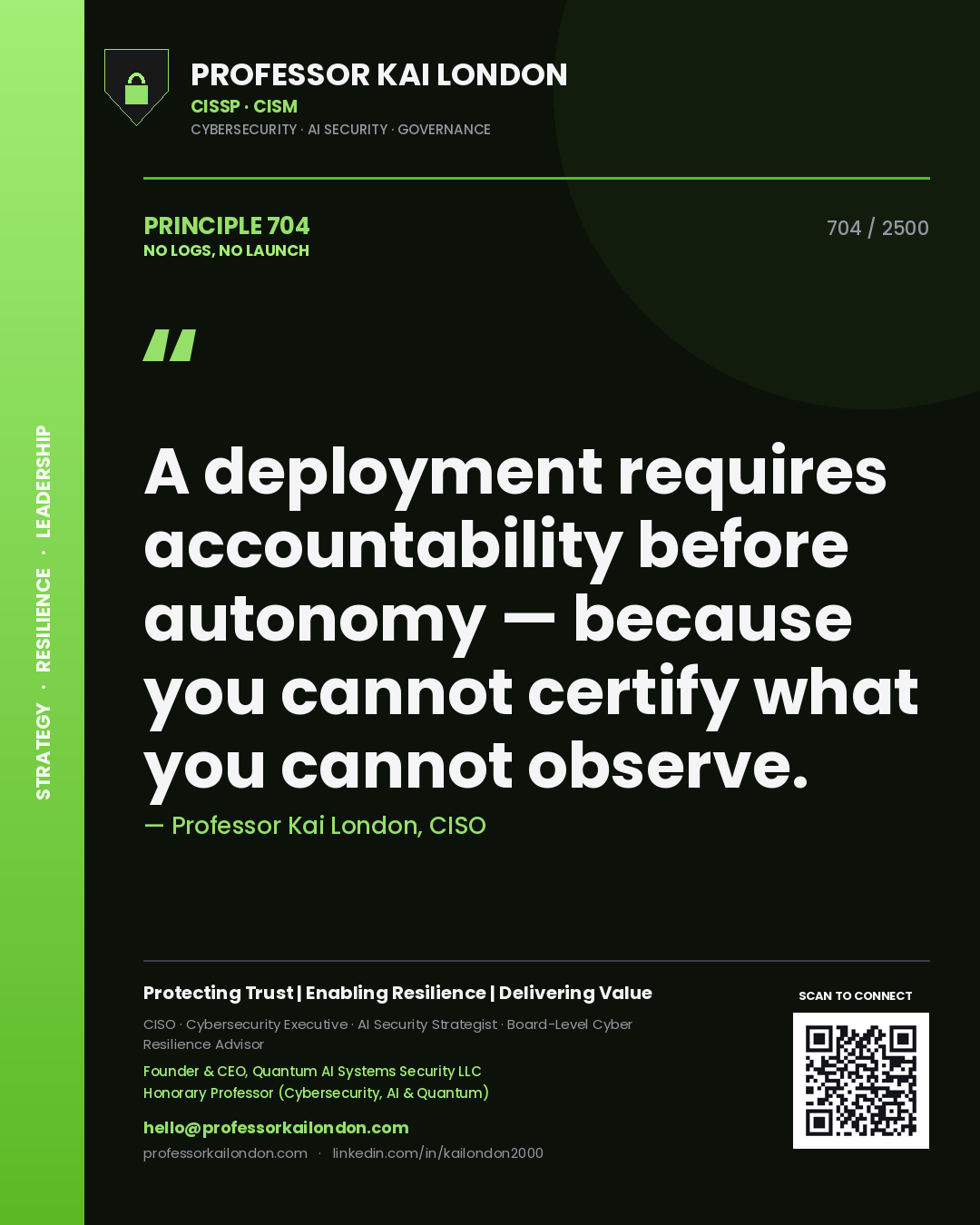 Quote card by Professor Kai London reading 'A deployment requires accountability before autonomy — because you cannot certify what you cannot observe.'. From the book No Logs, No Launch.