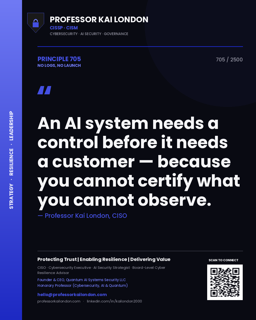 Professor Kai London principle 705: An AI system needs a control before it needs a customer — because you cannot certify what you cannot observe.
