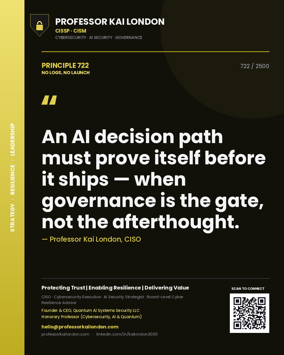 Quote card by Professor Kai London reading 'An AI decision path must prove itself before it ships — when governance is the gate, not the afterthought.'. From the book No Logs, No Launch.