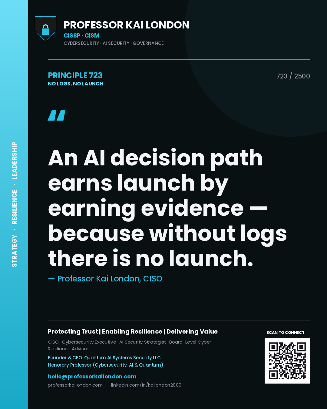 Quote card by Professor Kai London reading 'An AI decision path earns launch by earning evidence — because without logs there is no launch.'. From the book No Logs, No Launch.