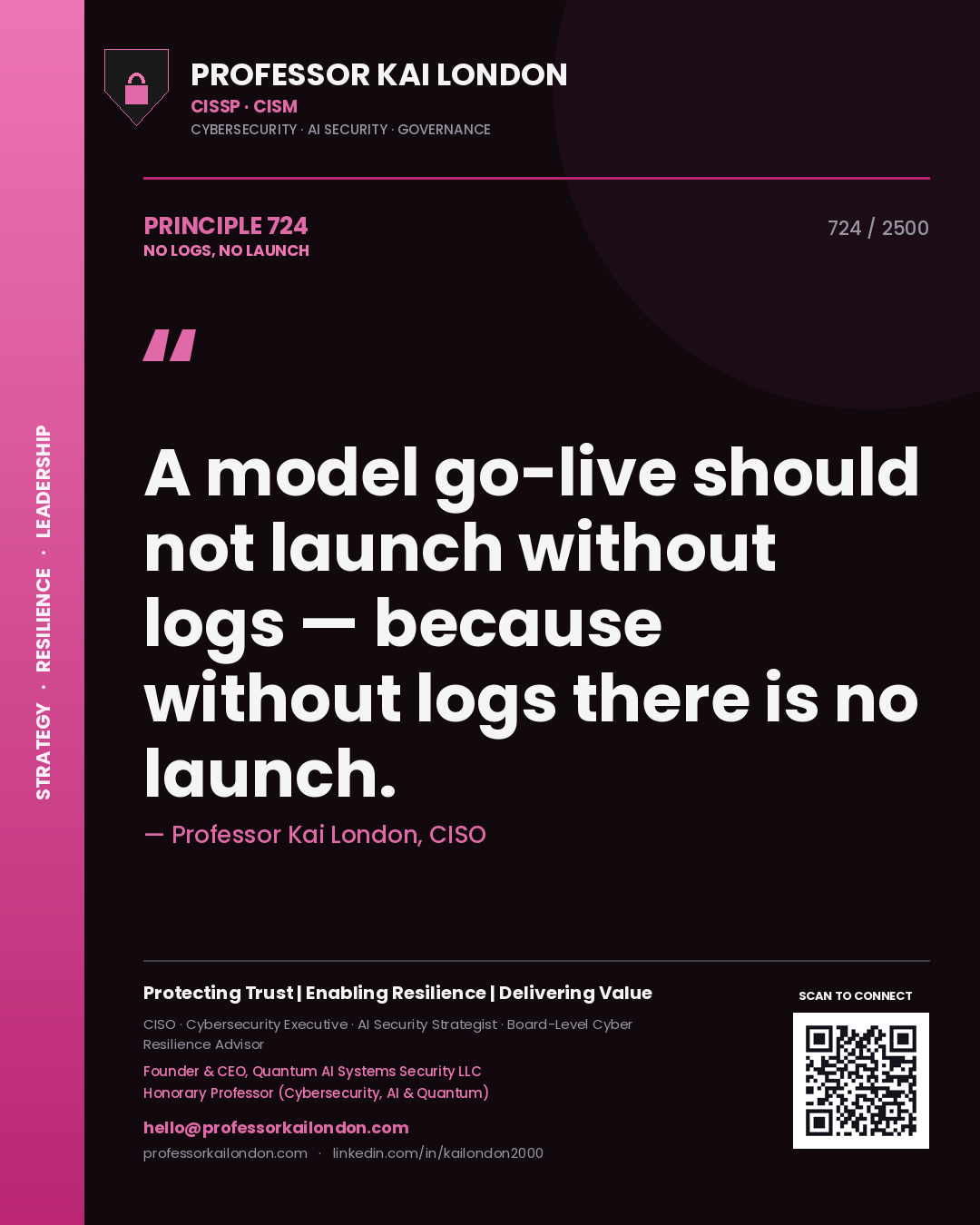 Quote card by Professor Kai London reading 'A model go-live should not launch without logs — because without logs there is no launch.'. From the book No Logs, No Launch.