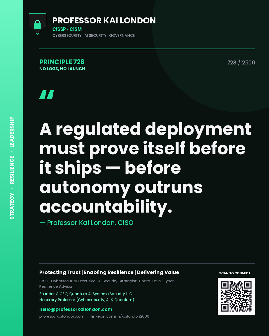 Quote card by Professor Kai London reading 'A regulated deployment must prove itself before it ships — before autonomy outruns accountability.'. From the book No Logs, No Launch.