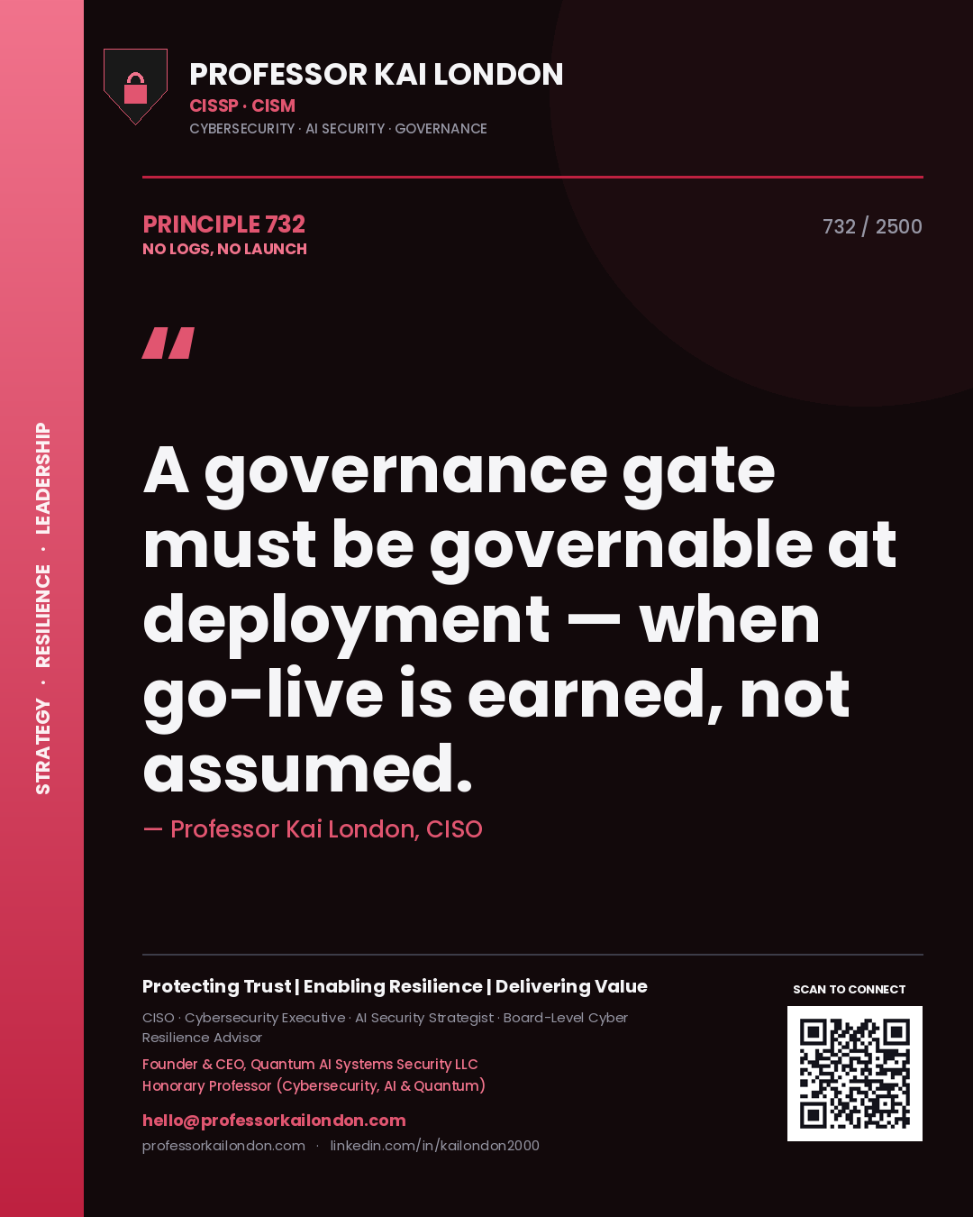Quote card by Professor Kai London reading 'A governance gate must be governable at deployment — when go-live is earned, not assumed.'. From the book No Logs, No Launch.