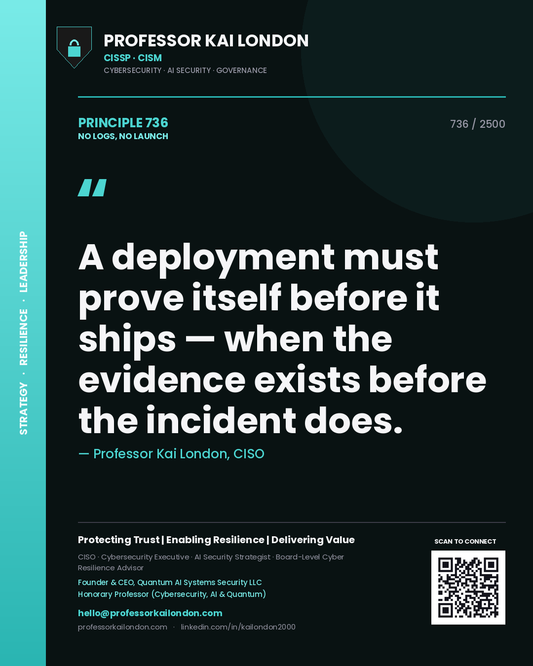 Quote card by Professor Kai London reading 'A deployment must prove itself before it ships — when the evidence exists before the incident does.'. From the book No Logs, No Launch.