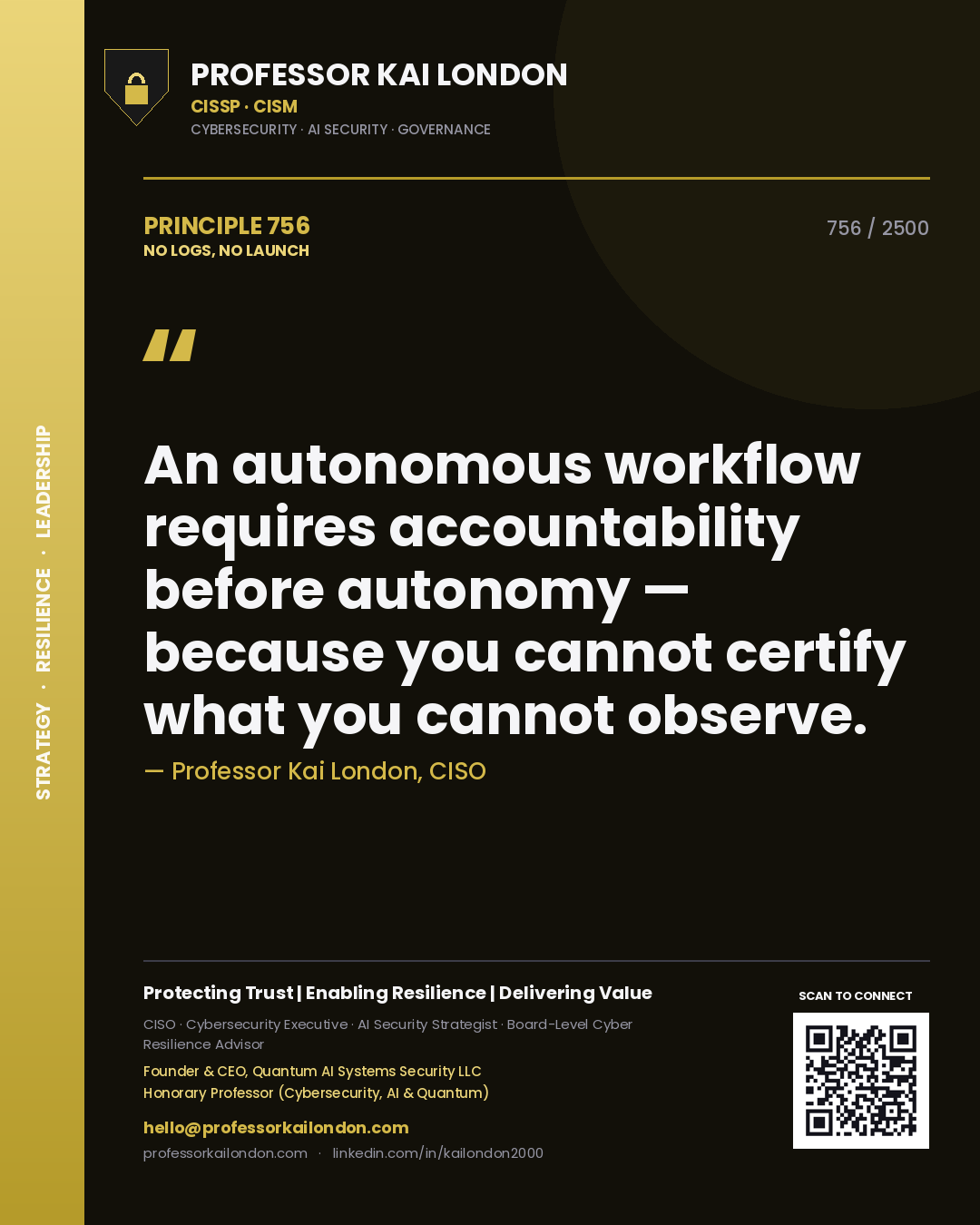 Quote card by Professor Kai London reading 'An autonomous workflow requires accountability before autonomy — because you cannot certify what you cannot observe.'. From the book No Logs, No Launch.