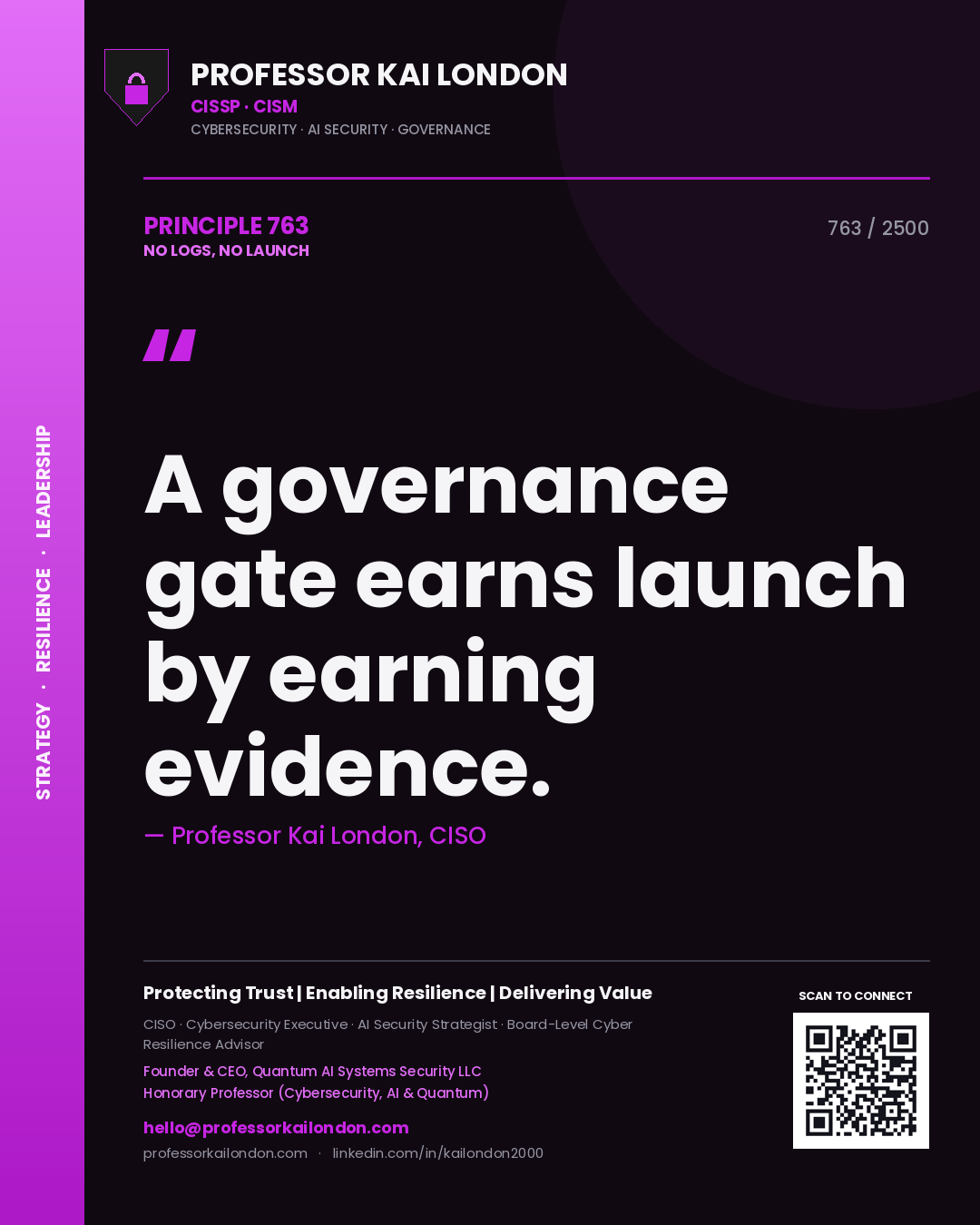 Quote card by Professor Kai London reading 'A governance gate earns launch by earning evidence.'. From the book No Logs, No Launch.