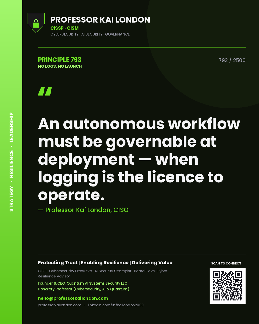 Quote card by Professor Kai London reading 'An autonomous workflow must be governable at deployment — when logging is the licence to operate.'. From the book No Logs, No Launch.