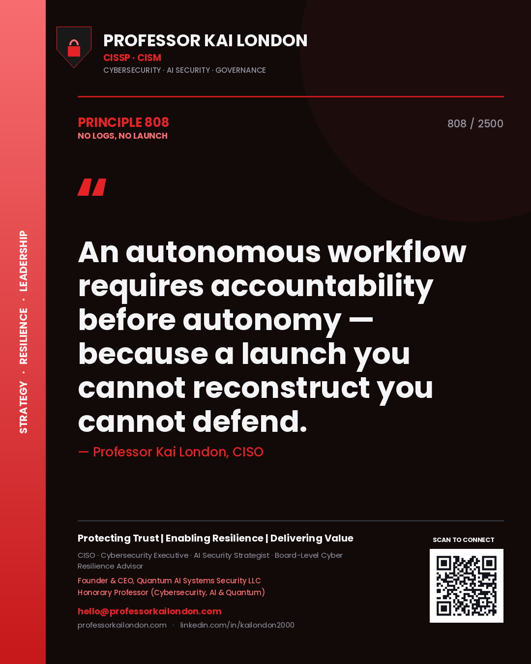 Quote card by Professor Kai London reading 'An autonomous workflow requires accountability before autonomy — because a launch you cannot reconstruct you cannot defend.'. From the book No Logs, No Launch.
