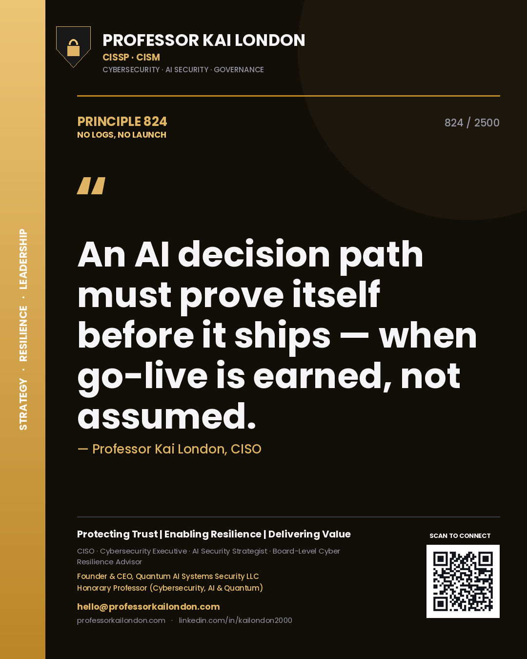 Professor Kai London principle 824: An AI decision path must prove itself before it ships — when go-live is earned, not assumed.