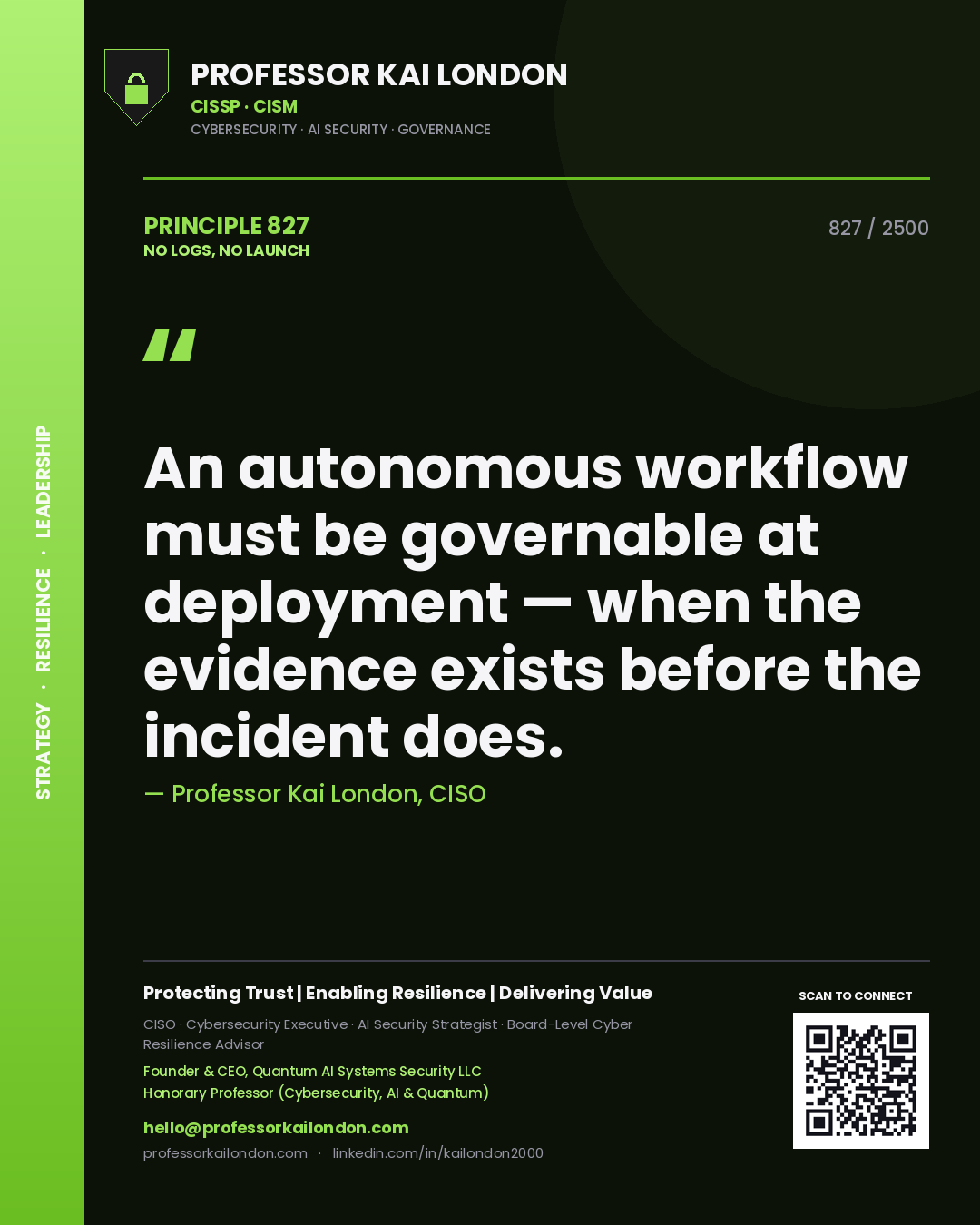 Quote card by Professor Kai London reading 'An autonomous workflow must be governable at deployment — when the evidence exists before the incident does.'. From the book No Logs, No Launch.
