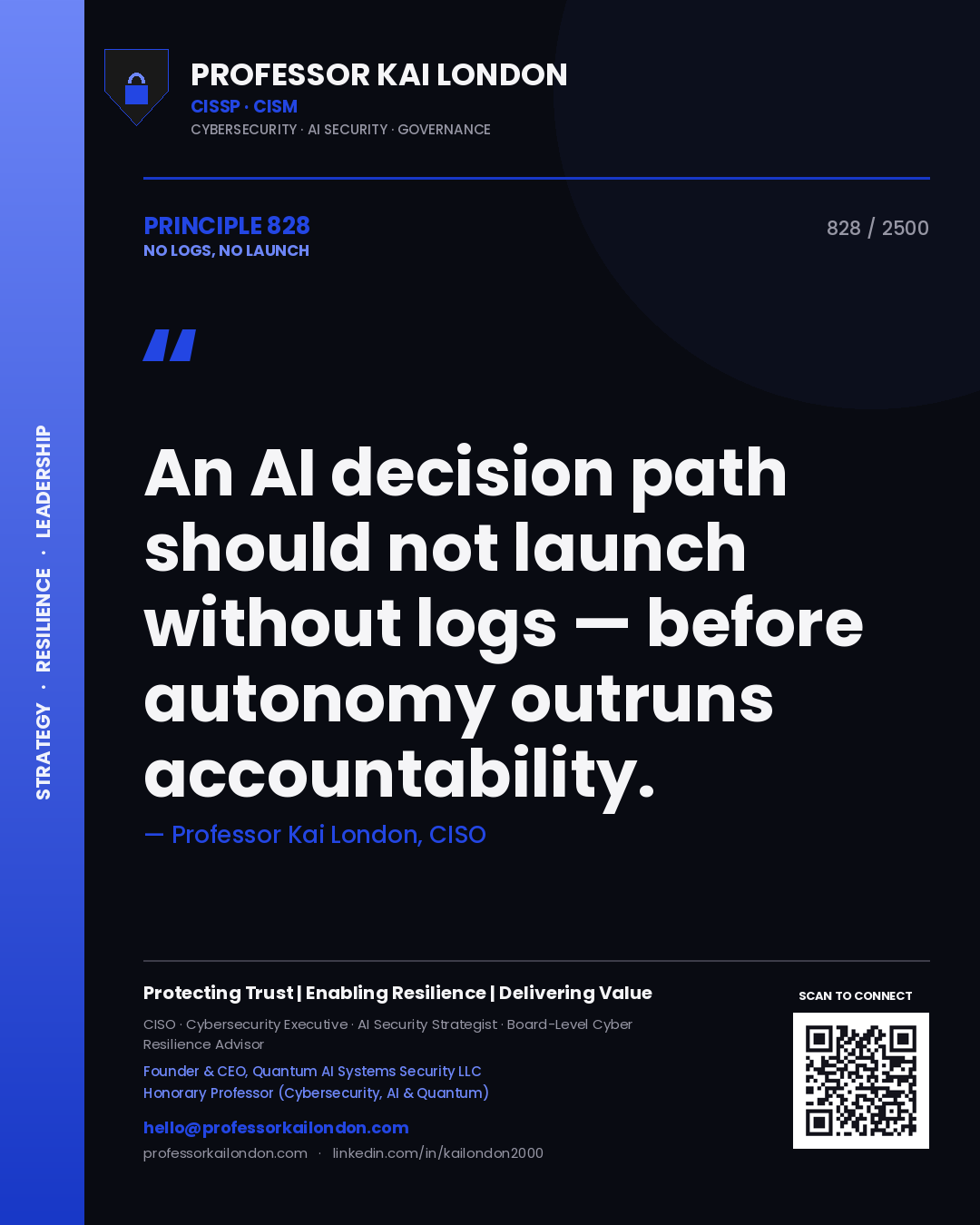 Professor Kai London principle 828: An AI decision path should not launch without logs — before autonomy outruns accountability.