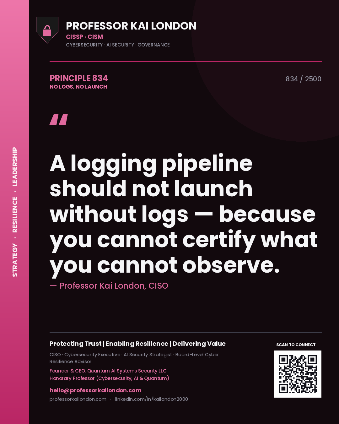 Professor Kai London principle 834: A logging pipeline should not launch without logs — because you cannot certify what you cannot observe.