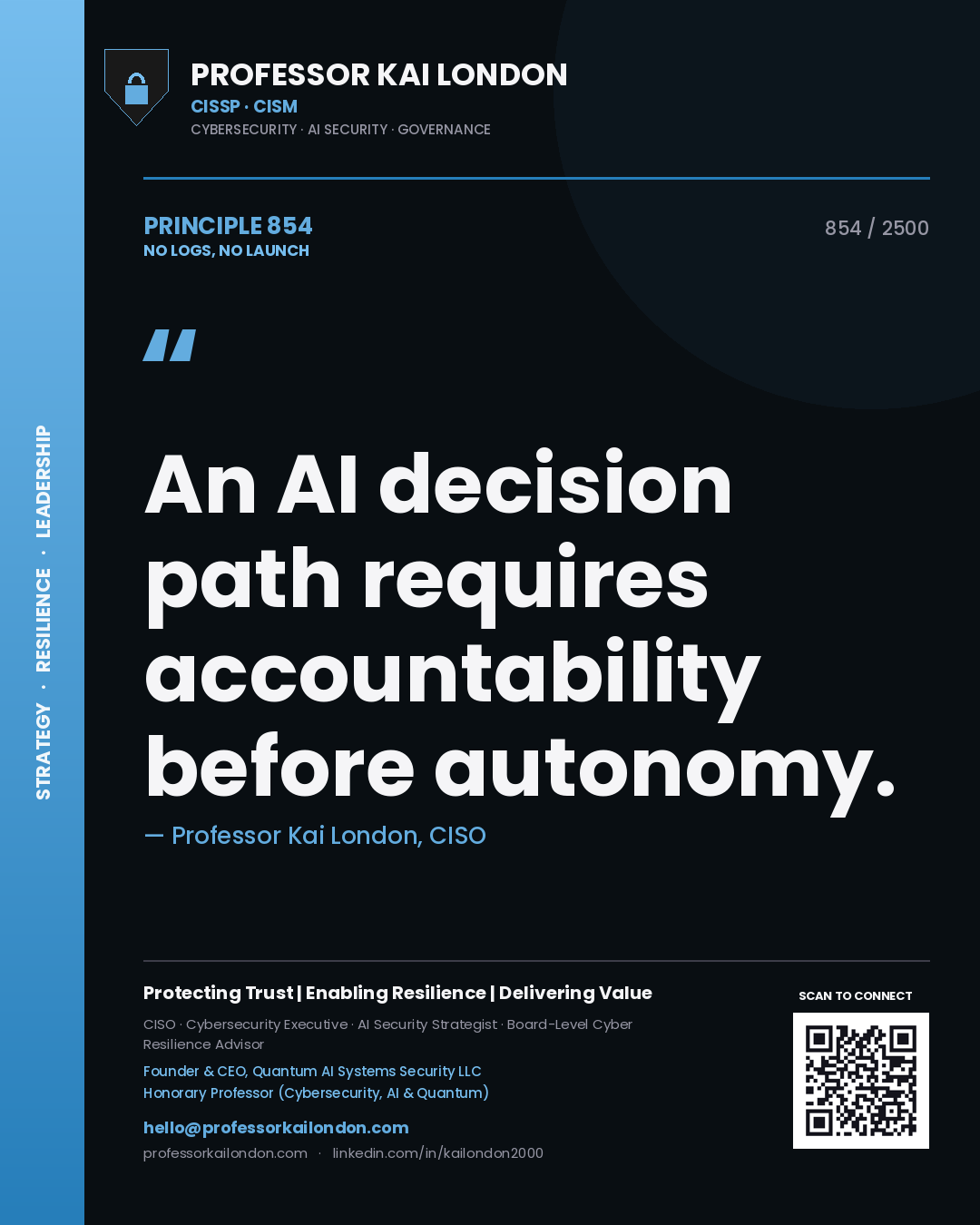 Quote card by Professor Kai London reading 'An AI decision path requires accountability before autonomy.'. From the book No Logs, No Launch.