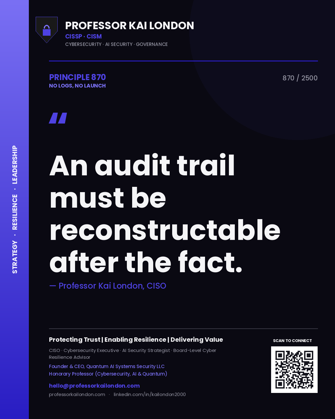 Professor Kai London principle 870: An audit trail must be reconstructable after the fact.