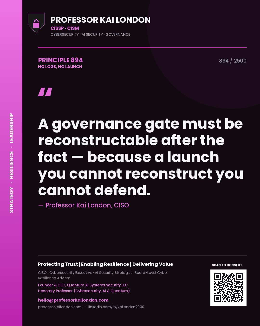 Professor Kai London principle 894: A governance gate must be reconstructable after the fact — because a launch you cannot reconstruct you cannot defend.