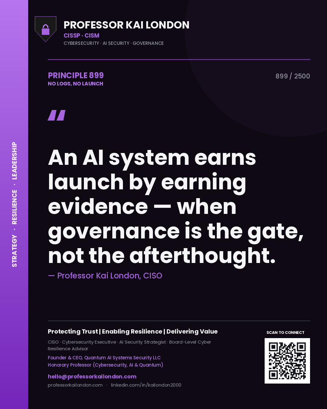 Professor Kai London principle 899: An AI system earns launch by earning evidence — when governance is the gate, not the afterthought.