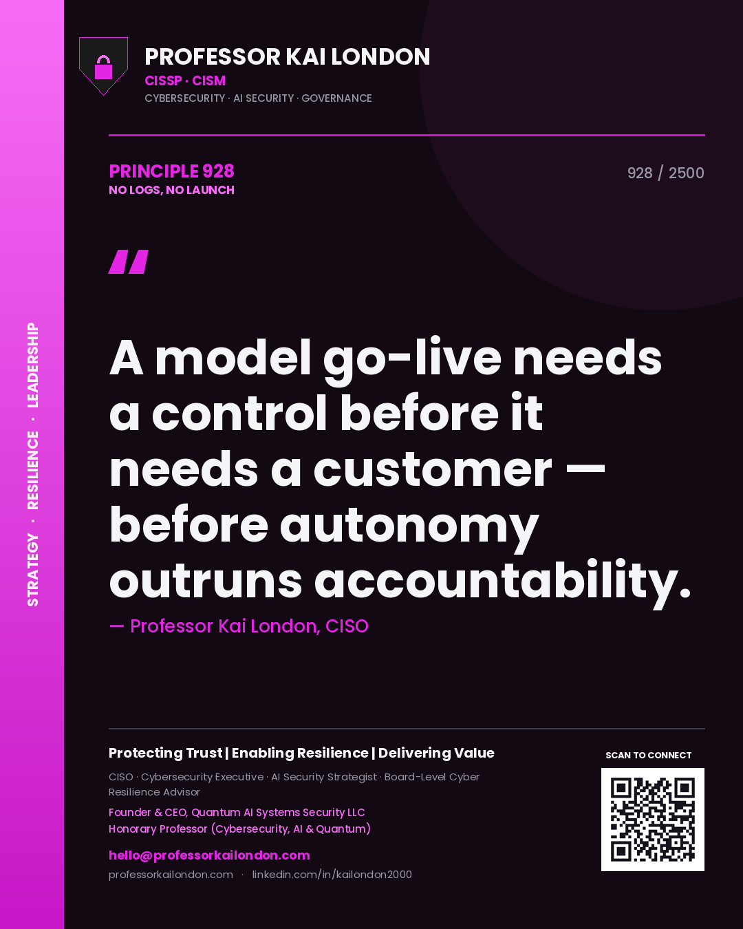 Quote card by Professor Kai London reading 'A model go-live needs a control before it needs a customer — before autonomy outruns accountability.'. From the book No Logs, No Launch.