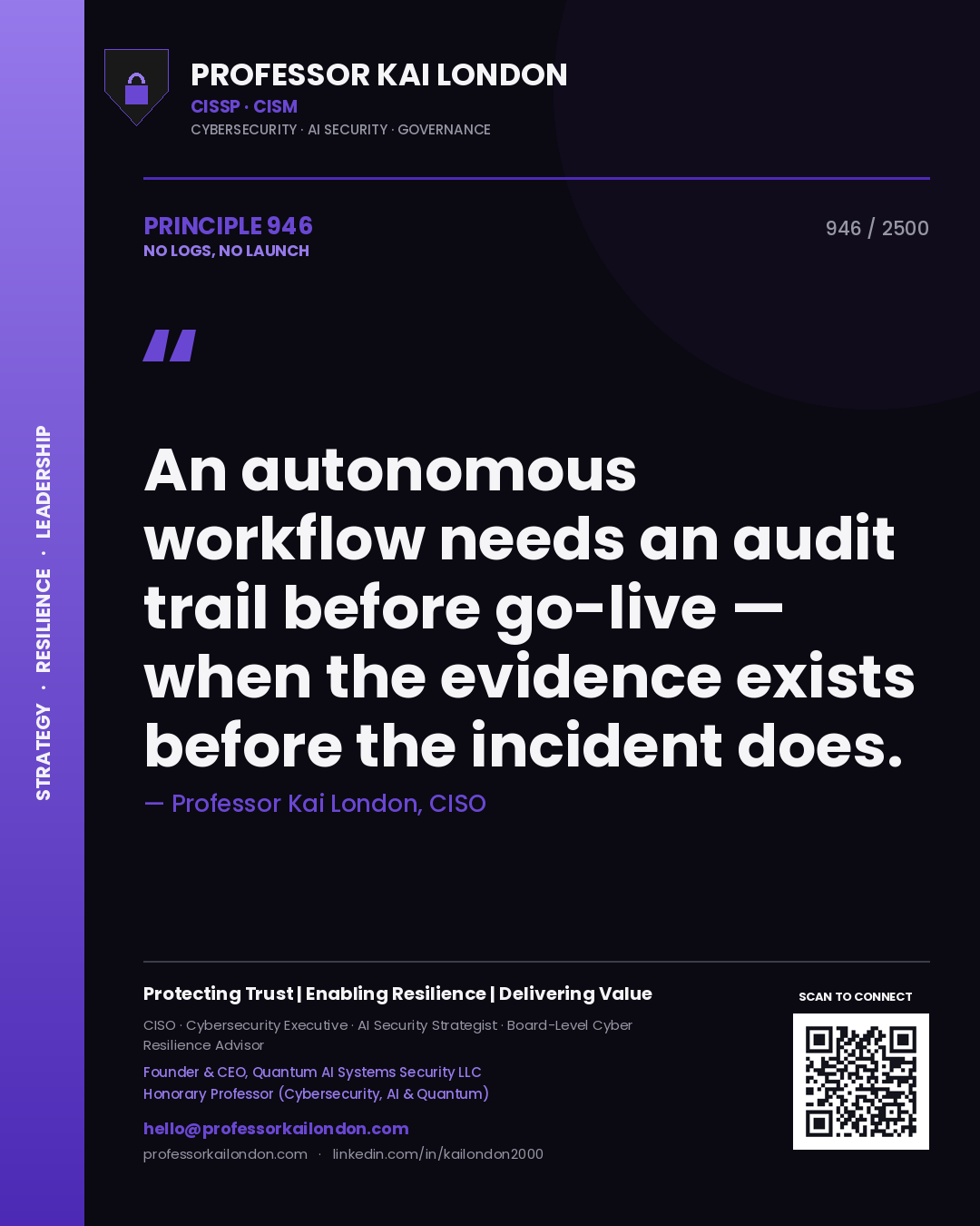 Professor Kai London principle 946: An autonomous workflow needs an audit trail before go-live — when the evidence exists before the incident does.