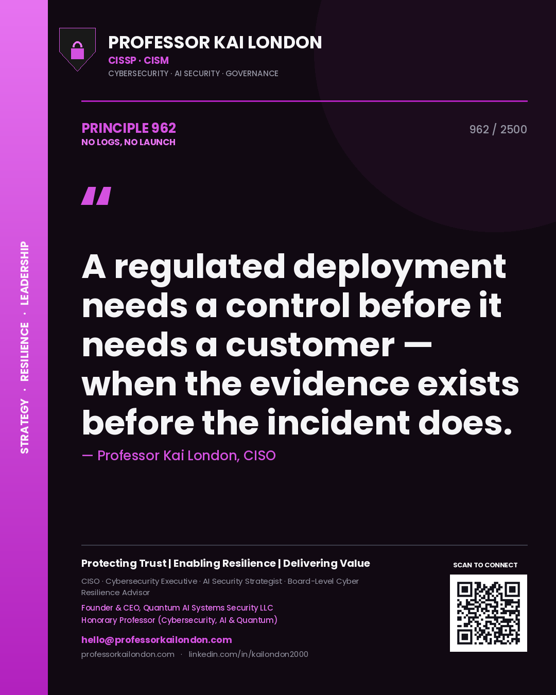 Quote card by Professor Kai London reading 'A regulated deployment needs a control before it needs a customer — when the evidence exists before the incident does.'. From the book No Logs, No Launch.