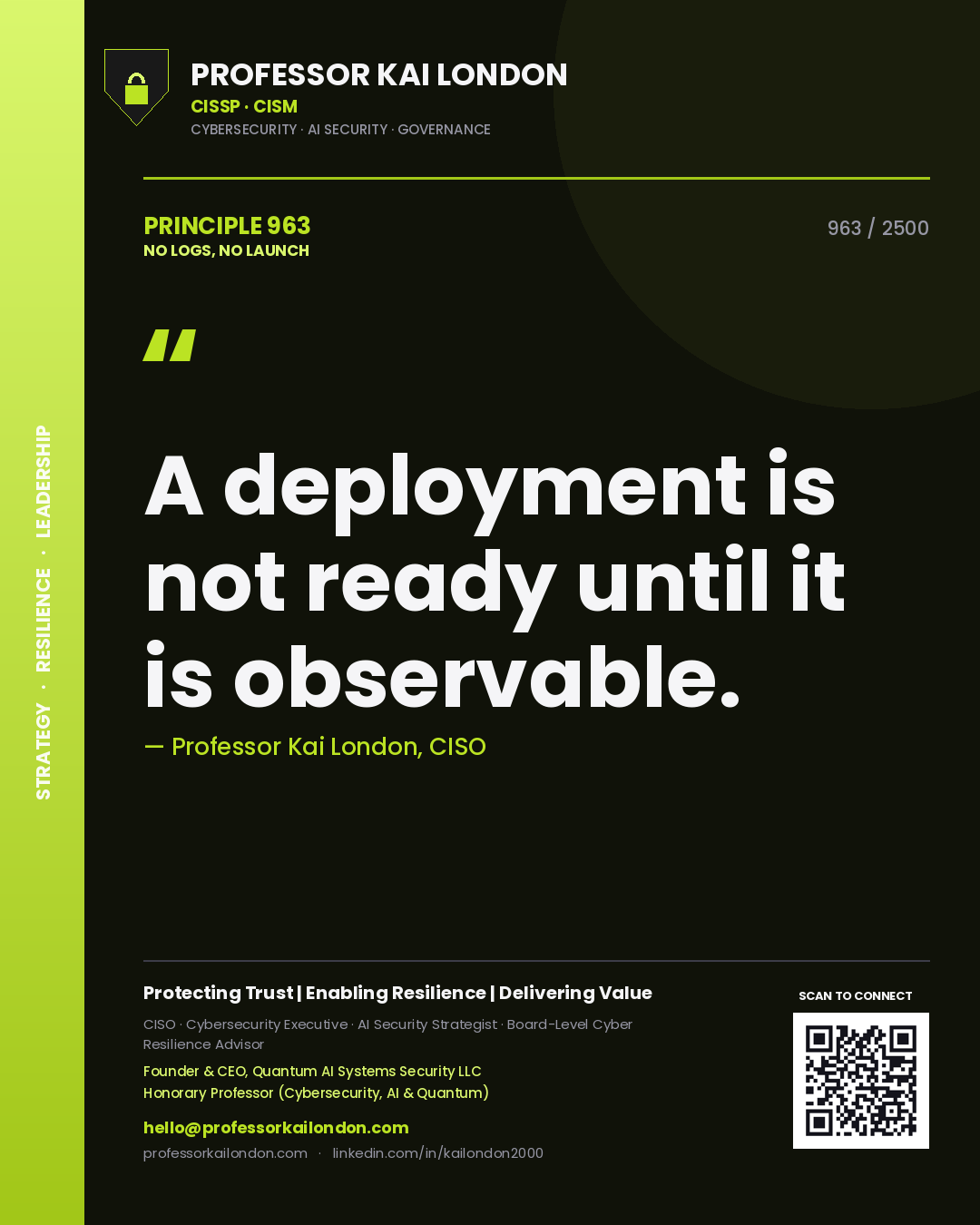 Quote card by Professor Kai London reading 'A deployment is not ready until it is observable.'. From the book No Logs, No Launch.