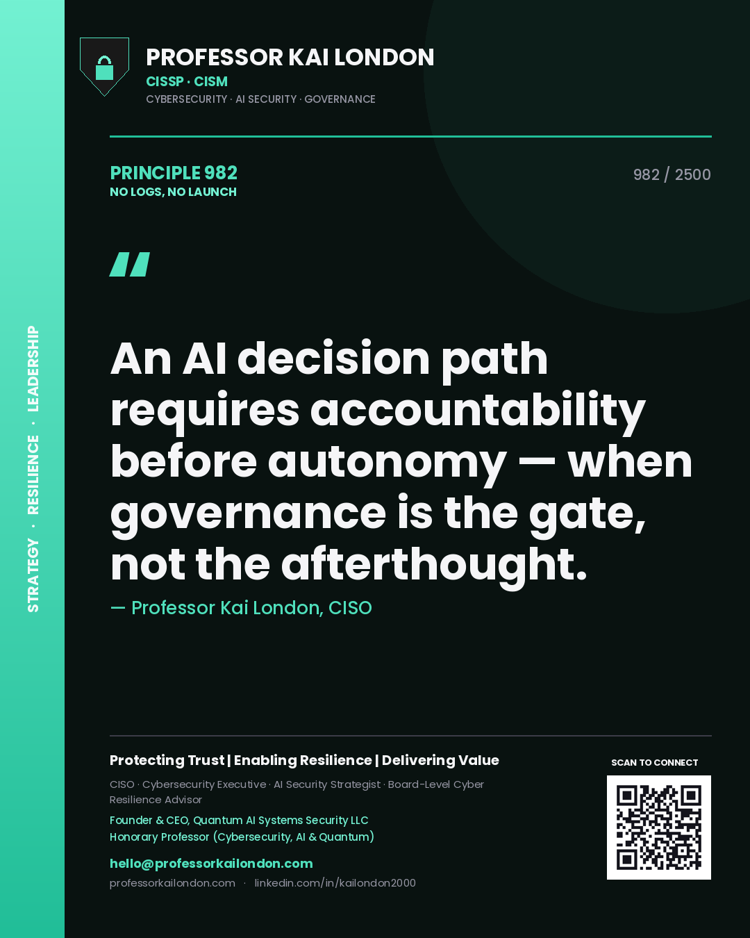 Quote card by Professor Kai London reading 'An AI decision path requires accountability before autonomy — when governance is the gate, not the afterthought.'. From the book No Logs, No Launch.