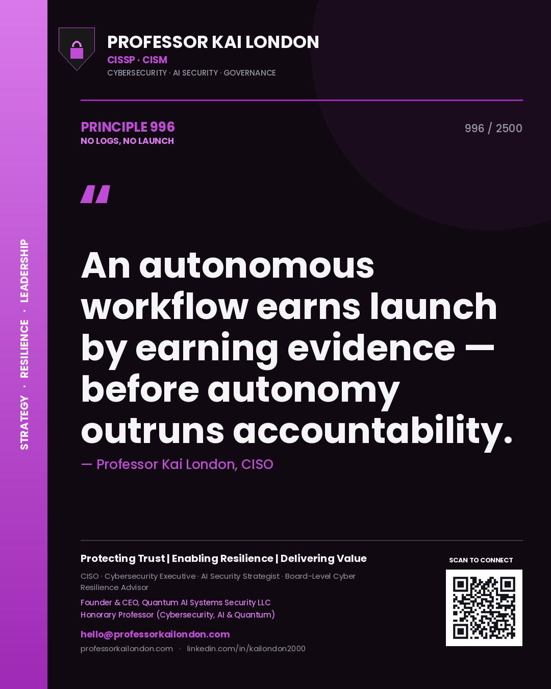 Quote card by Professor Kai London reading 'An autonomous workflow earns launch by earning evidence — before autonomy outruns accountability.'. From the book No Logs, No Launch.
