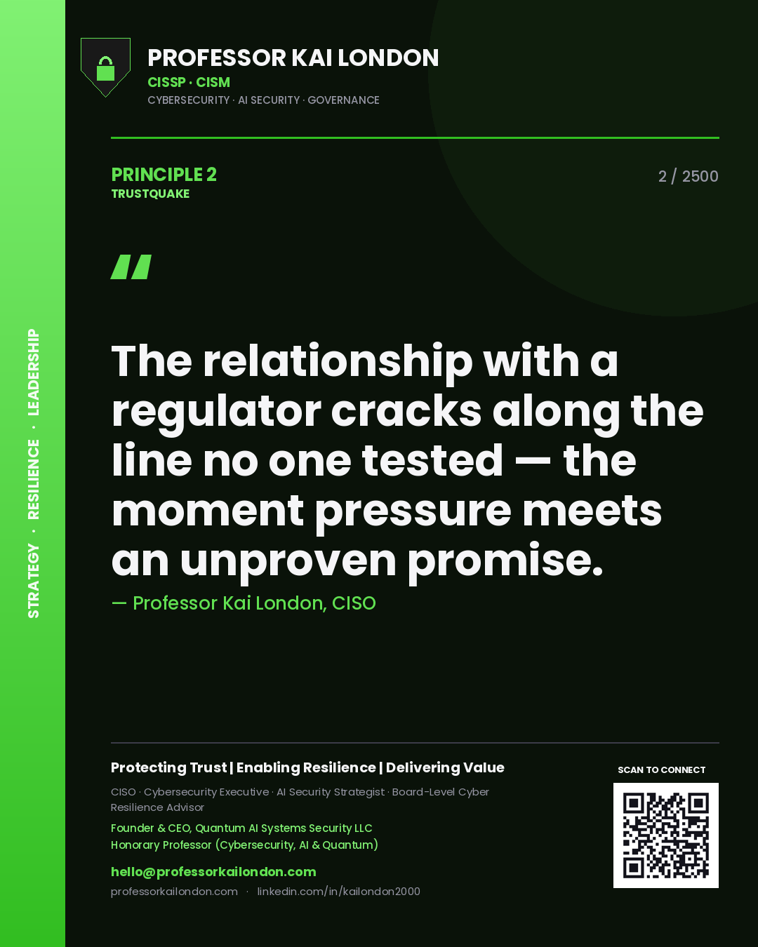 Professor Kai London principle 2: The relationship with a regulator cracks along the line no one tested — the moment pressure meets an unproven promise.