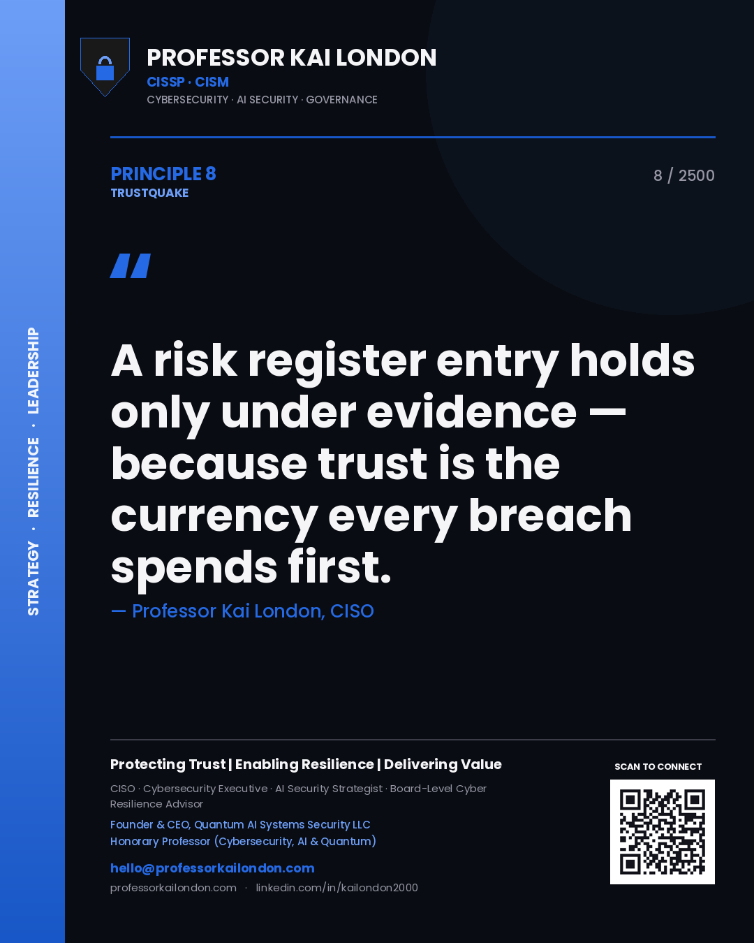 Quote card by Professor Kai London reading 'A risk register entry holds only under evidence — because trust is the currency every breach spends first.'. From the book Trustquake.