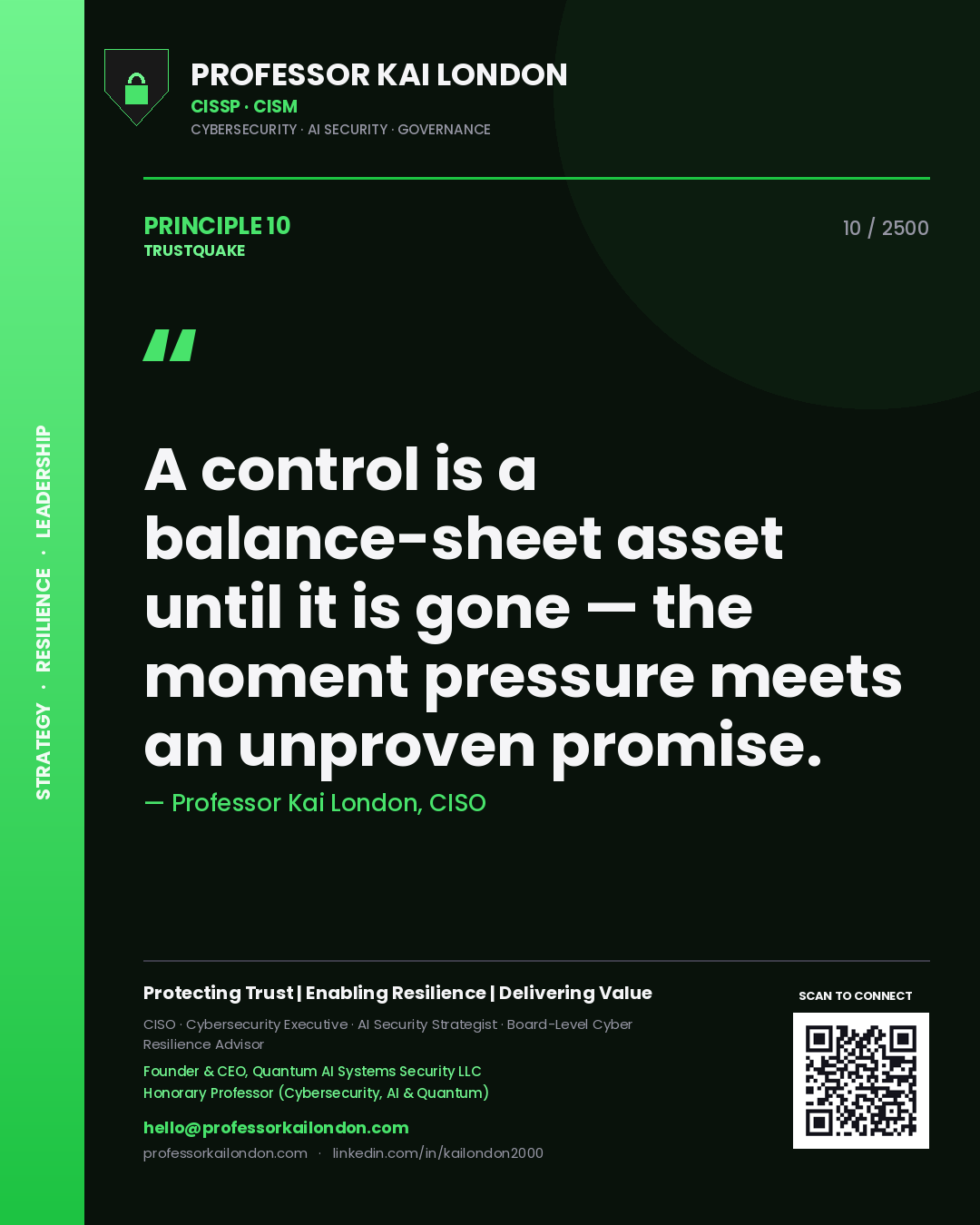 Professor Kai London principle 10: A control is a balance-sheet asset until it is gone — the moment pressure meets an unproven promise.