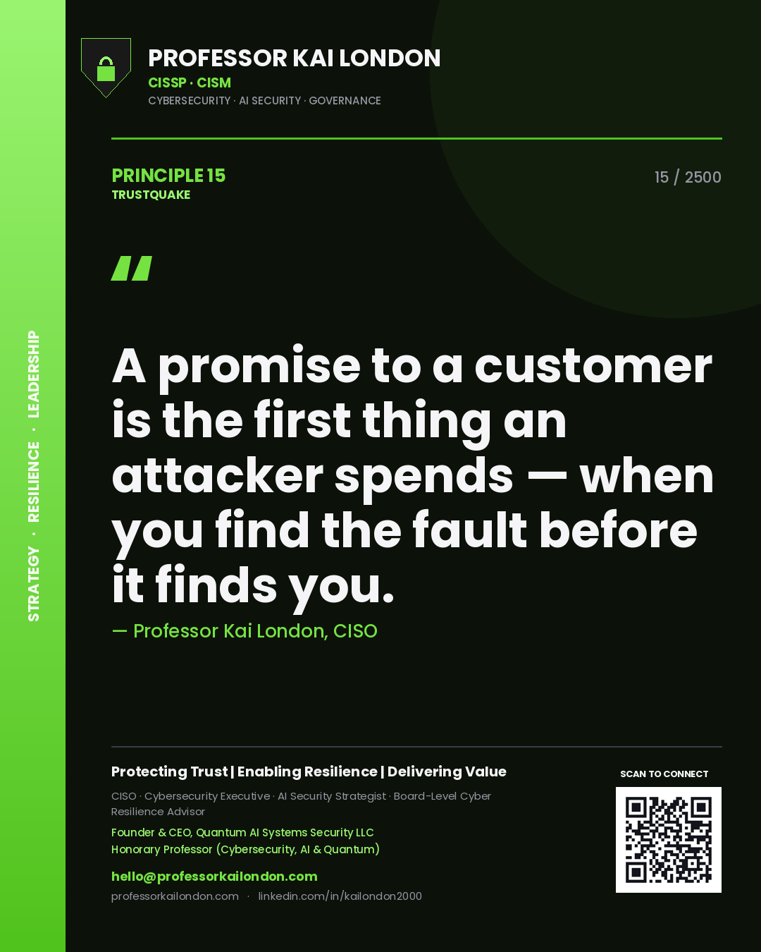 Professor Kai London principle 15: A promise to a customer is the first thing an attacker spends — when you find the fault before it finds you.