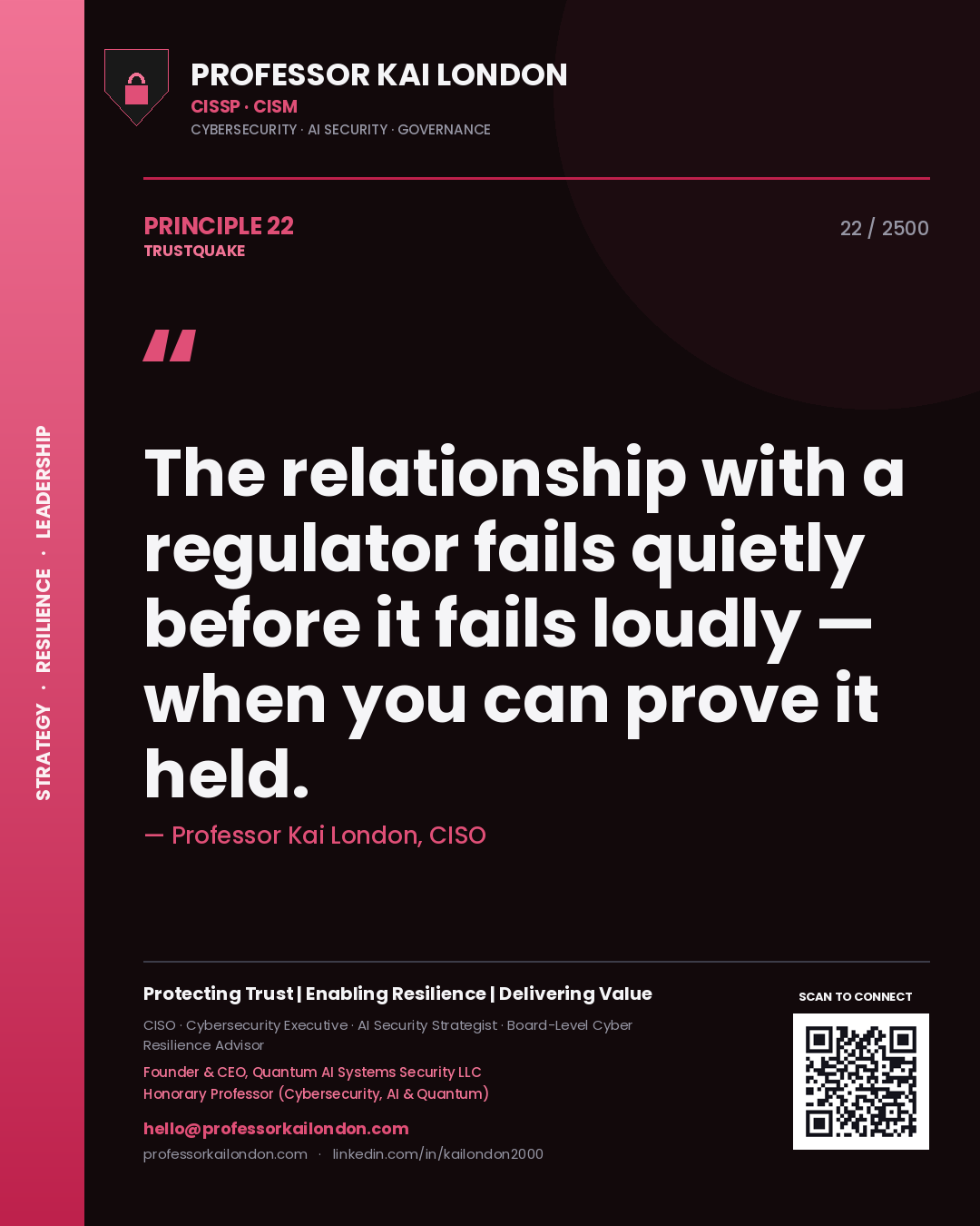 Professor Kai London principle 22: The relationship with a regulator fails quietly before it fails loudly — when you can prove it held.