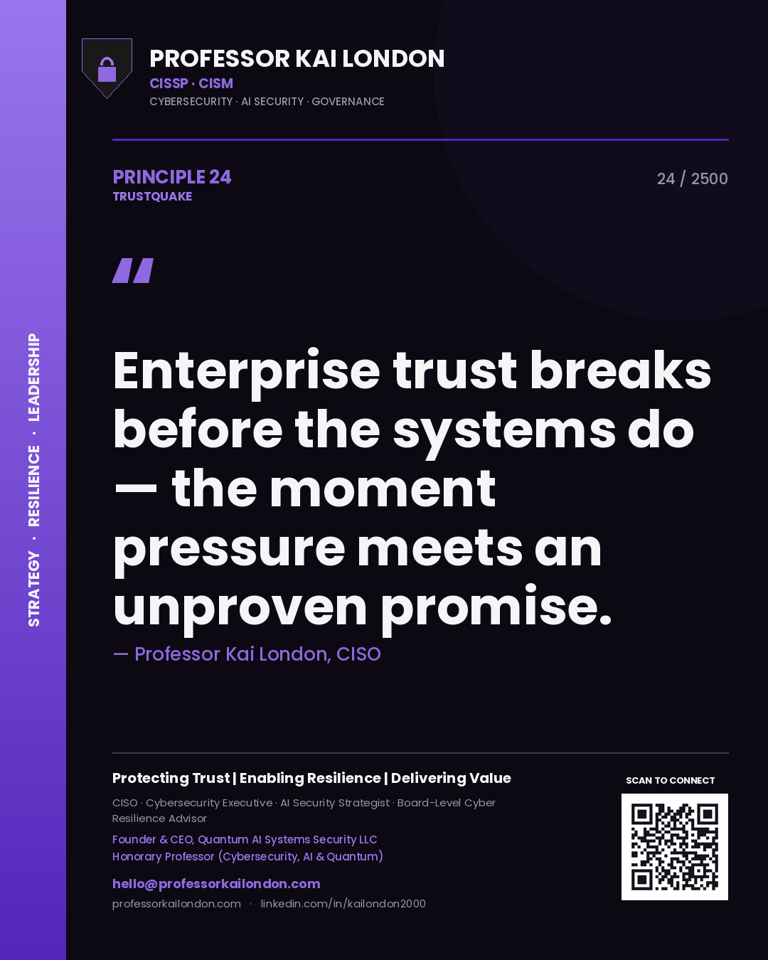 Quote card by Professor Kai London reading 'Enterprise trust breaks before the systems do — the moment pressure meets an unproven promise.'. From the book Trustquake.