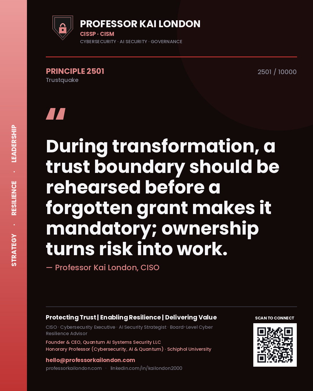 Quote card by Professor Kai London reading 'During transformation, a trust boundary should be rehearsed before a forgotten grant makes it mandatory; ownership turns risk into work.'. From the book Trustquake.