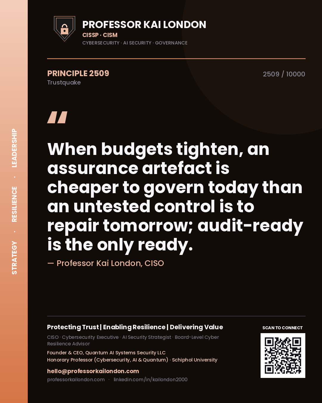 Professor Kai London principle 2509: When budgets tighten, an assurance artefact is cheaper to govern today than an untested control is to repair tomorrow; audit-ready is the only ready.