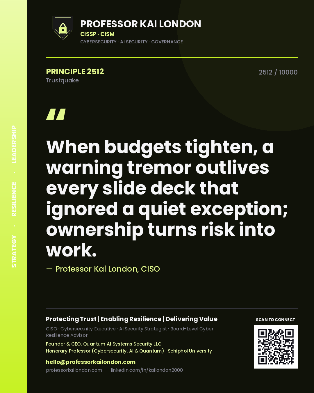 Professor Kai London principle 2512: When budgets tighten, a warning tremor outlives every slide deck that ignored a quiet exception; ownership turns risk into work.