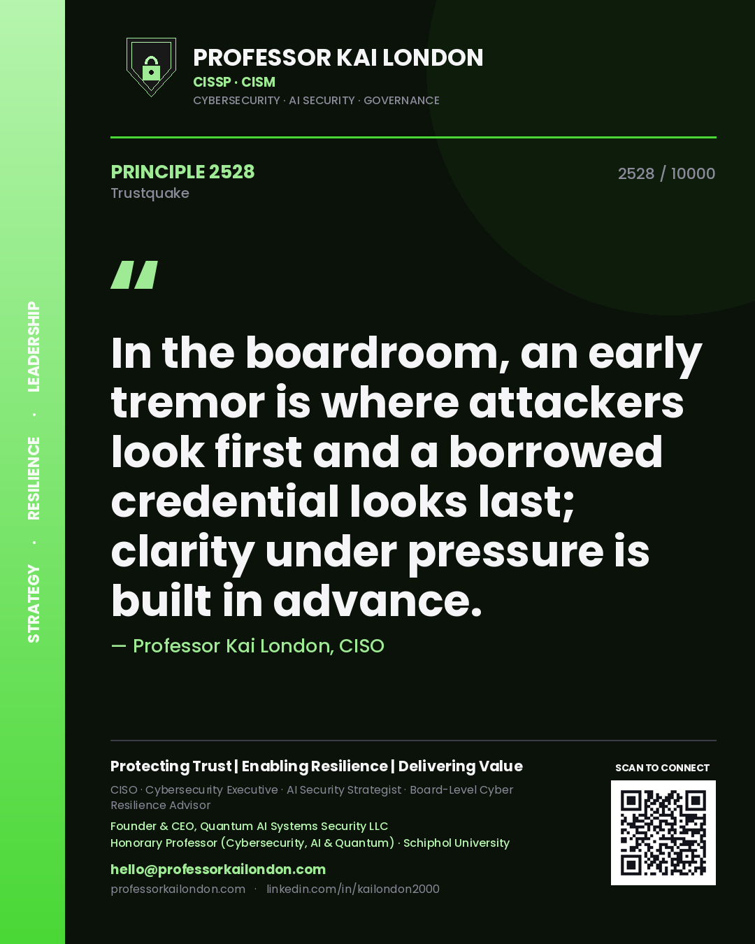 Professor Kai London principle 2528: In the boardroom, an early tremor is where attackers look first and a borrowed credential looks last; clarity under pressure is built in advance.