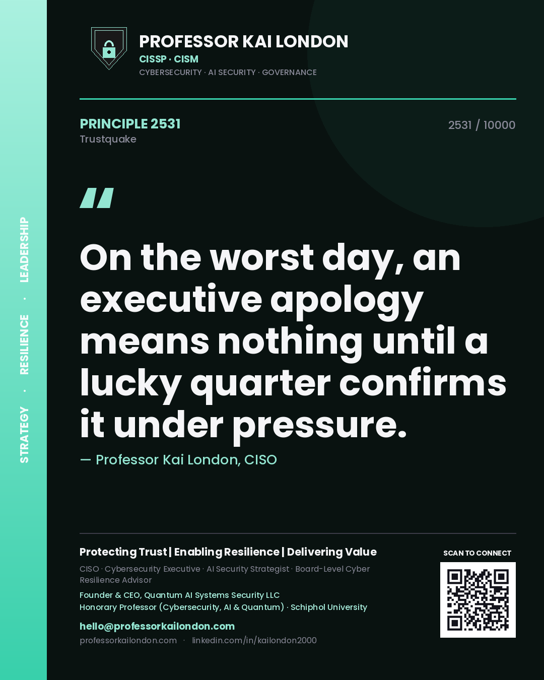 Quote card by Professor Kai London reading 'On the worst day, an executive apology means nothing until a lucky quarter confirms it under pressure.'. From the book Trustquake.