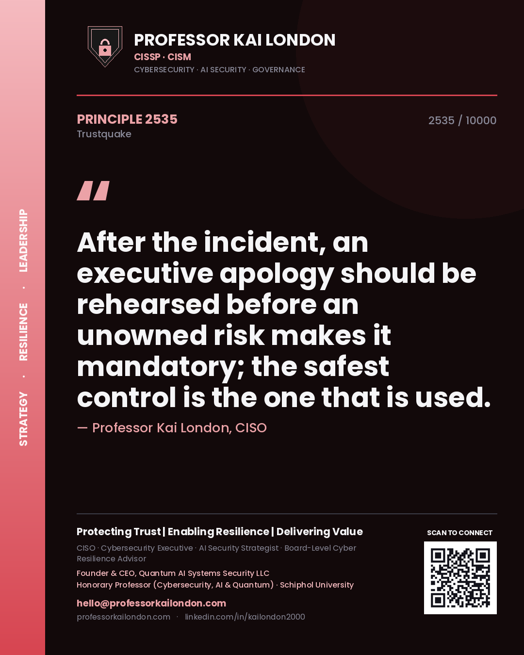 Quote card by Professor Kai London reading 'After the incident, an executive apology should be rehearsed before an unowned risk makes it mandatory; the safest control is the one that is used.'. From the book Trustquake.