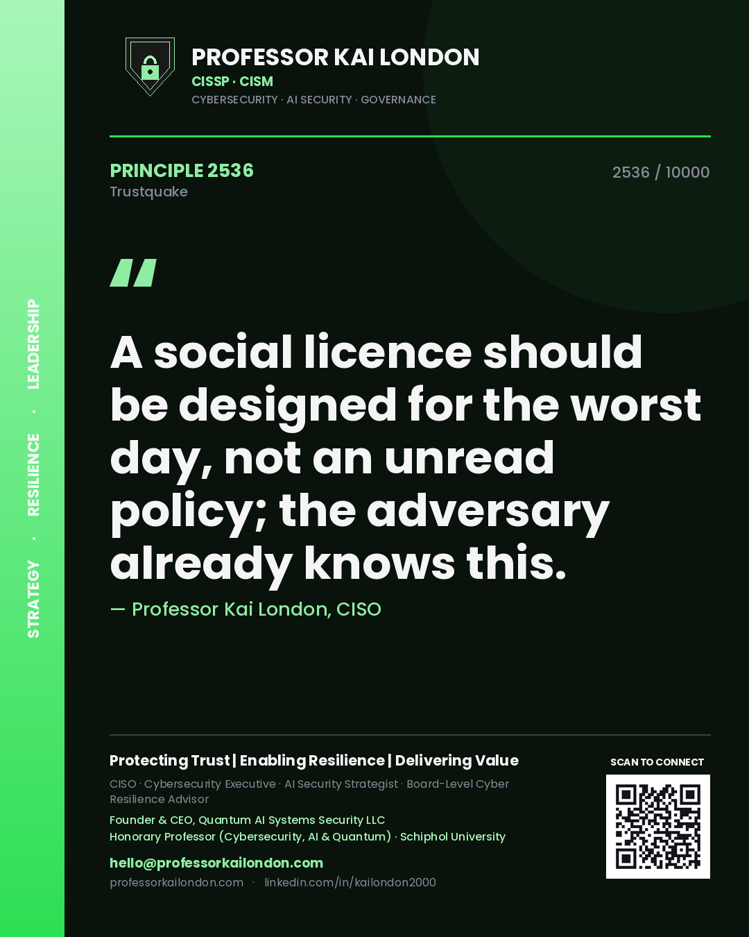 Quote card by Professor Kai London reading 'A social licence should be designed for the worst day, not an unread policy; the adversary already knows this.'. From the book Trustquake.