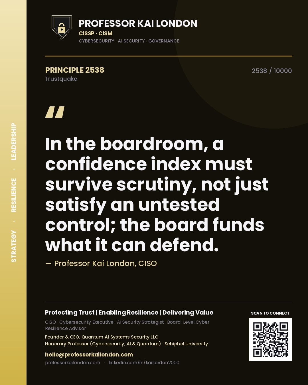 Quote card by Professor Kai London reading 'In the boardroom, a confidence index must survive scrutiny, not just satisfy an untested control; the board funds what it can defend.'. From the book Trustquake.