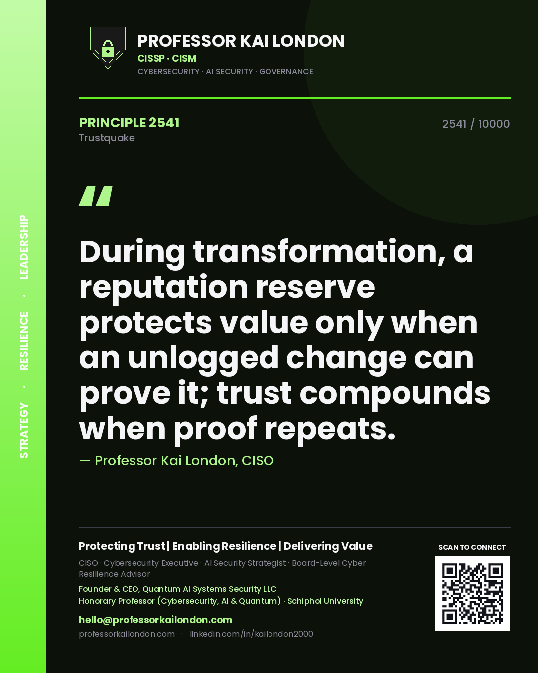 Professor Kai London principle 2541: During transformation, a reputation reserve protects value only when an unlogged change can prove it; trust compounds when proof repeats.