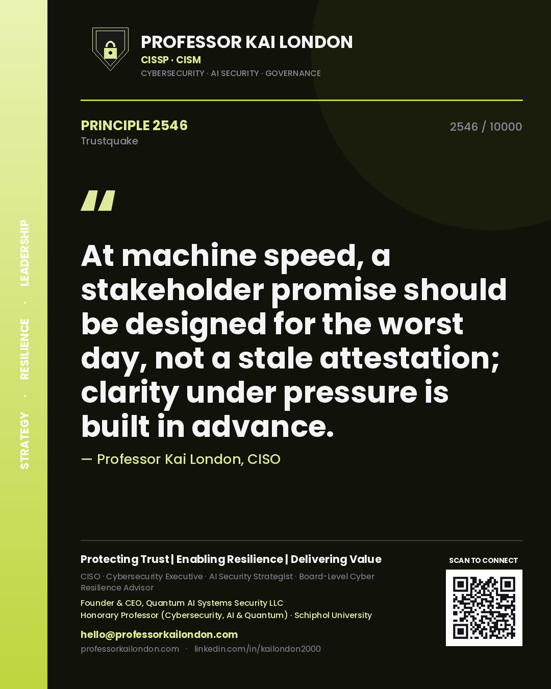 Quote card by Professor Kai London reading 'At machine speed, a stakeholder promise should be designed for the worst day, not a stale attestation; clarity under pressure is built in advance.'. From the book Trustquake.