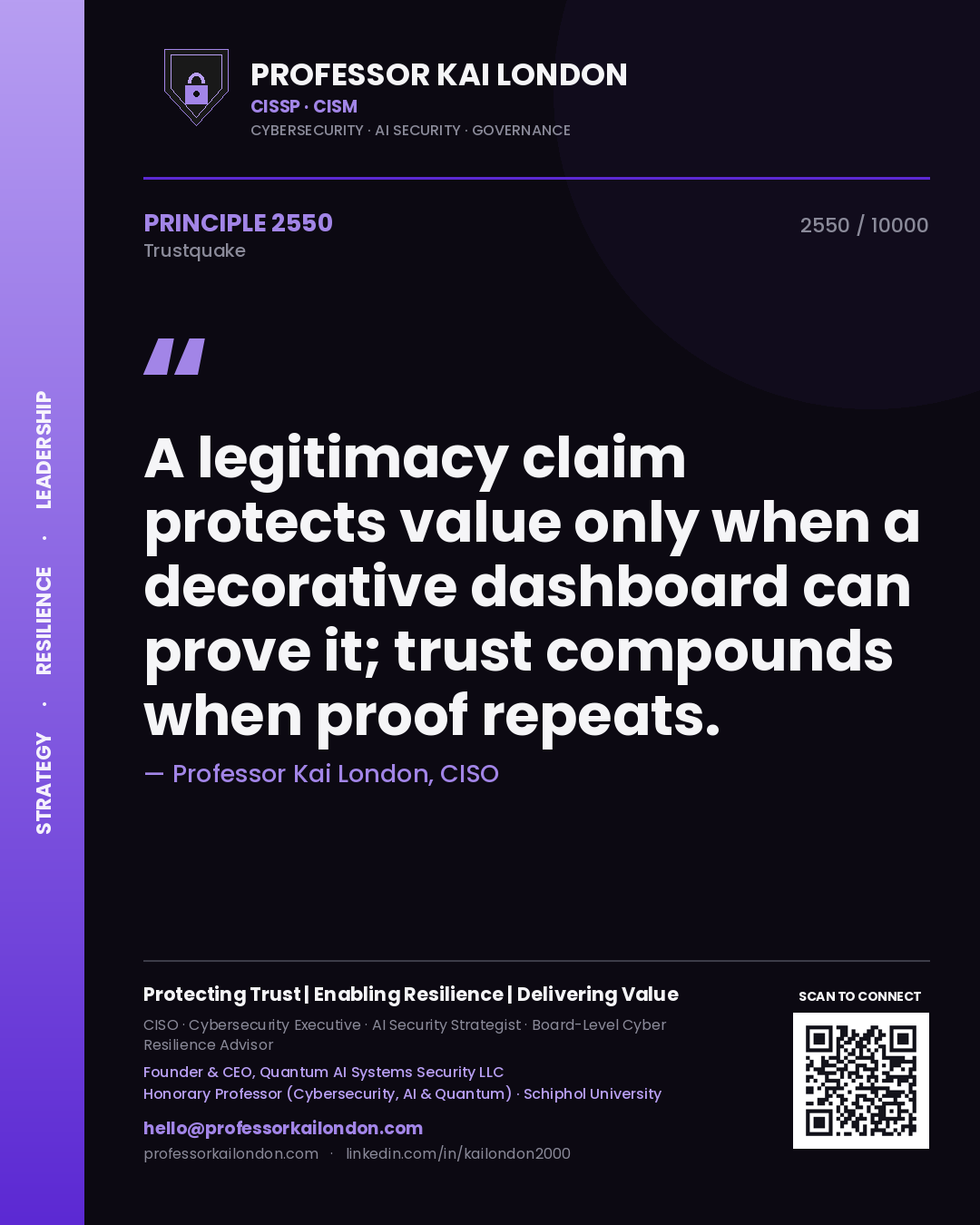 Quote card by Professor Kai London reading 'A legitimacy claim protects value only when a decorative dashboard can prove it; trust compounds when proof repeats.'. From the book Trustquake.