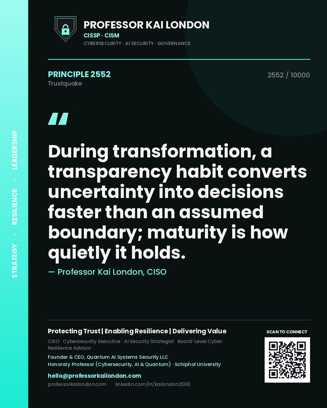 Quote card by Professor Kai London reading 'During transformation, a transparency habit converts uncertainty into decisions faster than an assumed boundary; maturity is how quietly it holds.'. From the book Trustquake.