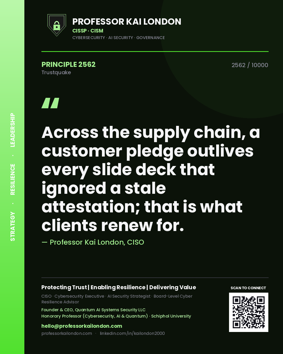 Professor Kai London principle 2562: Across the supply chain, a customer pledge outlives every slide deck that ignored a stale attestation; that is what clients renew for.