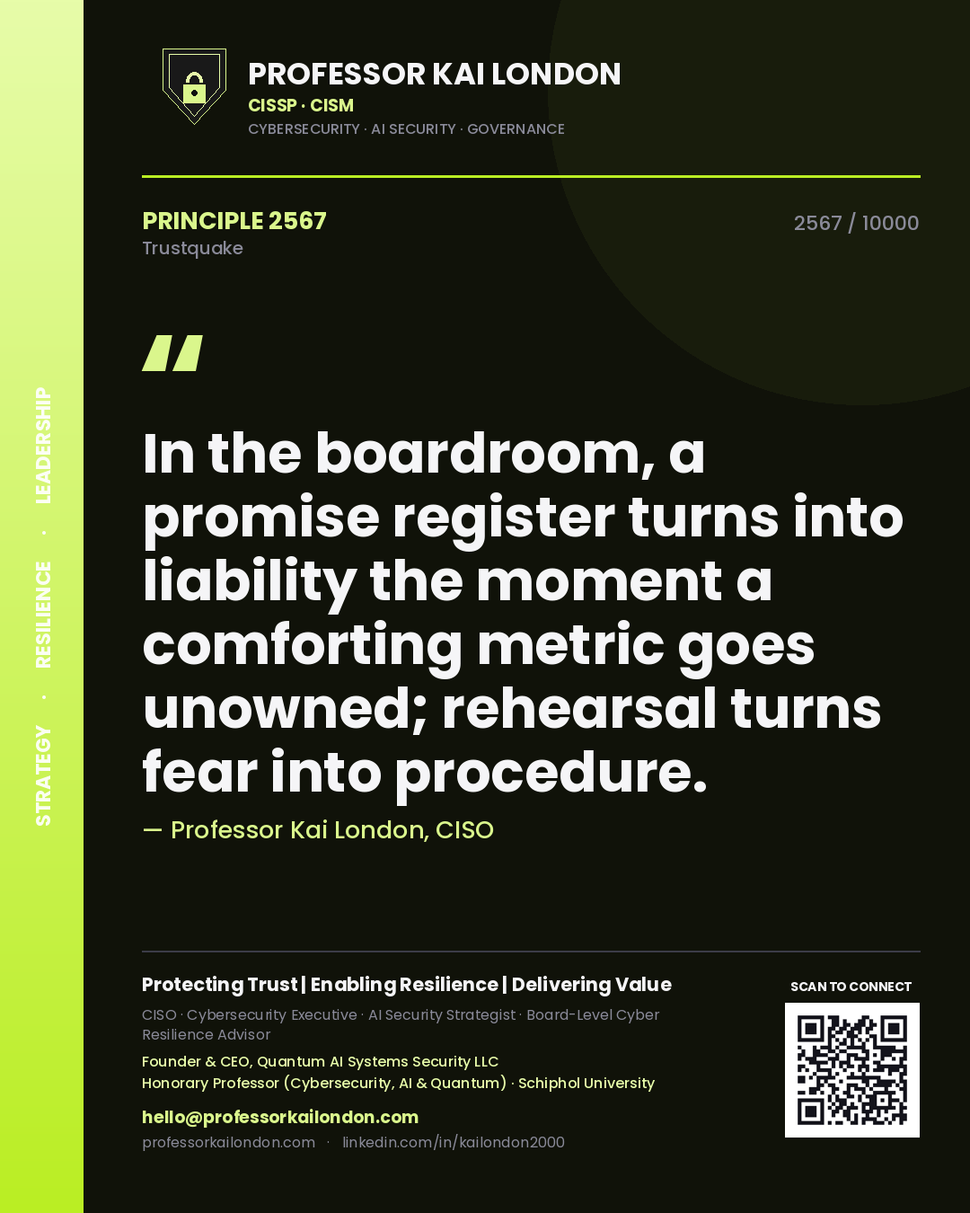 Quote card by Professor Kai London reading 'In the boardroom, a promise register turns into liability the moment a comforting metric goes unowned; rehearsal turns fear into procedure.'. From the book Trustquake.
