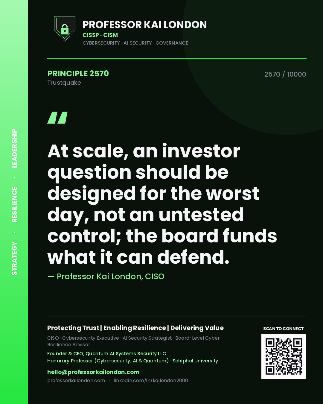 Professor Kai London principle 2570: At scale, an investor question should be designed for the worst day, not an untested control; the board funds what it can defend.