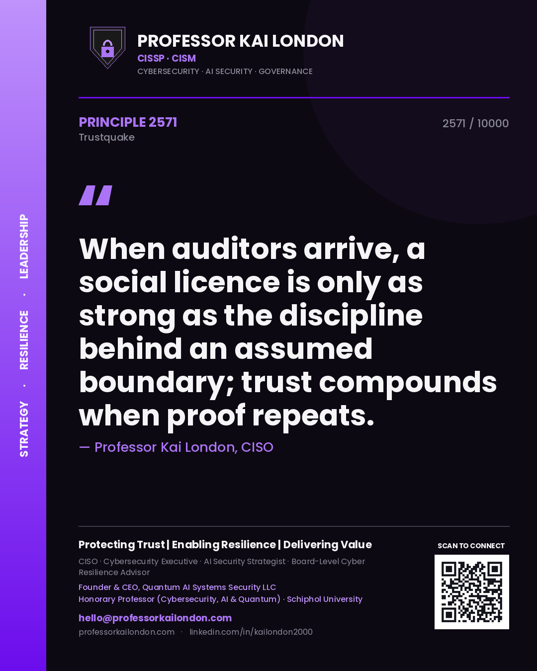 Professor Kai London principle 2571: When auditors arrive, a social licence is only as strong as the discipline behind an assumed boundary; trust compounds when proof repeats.